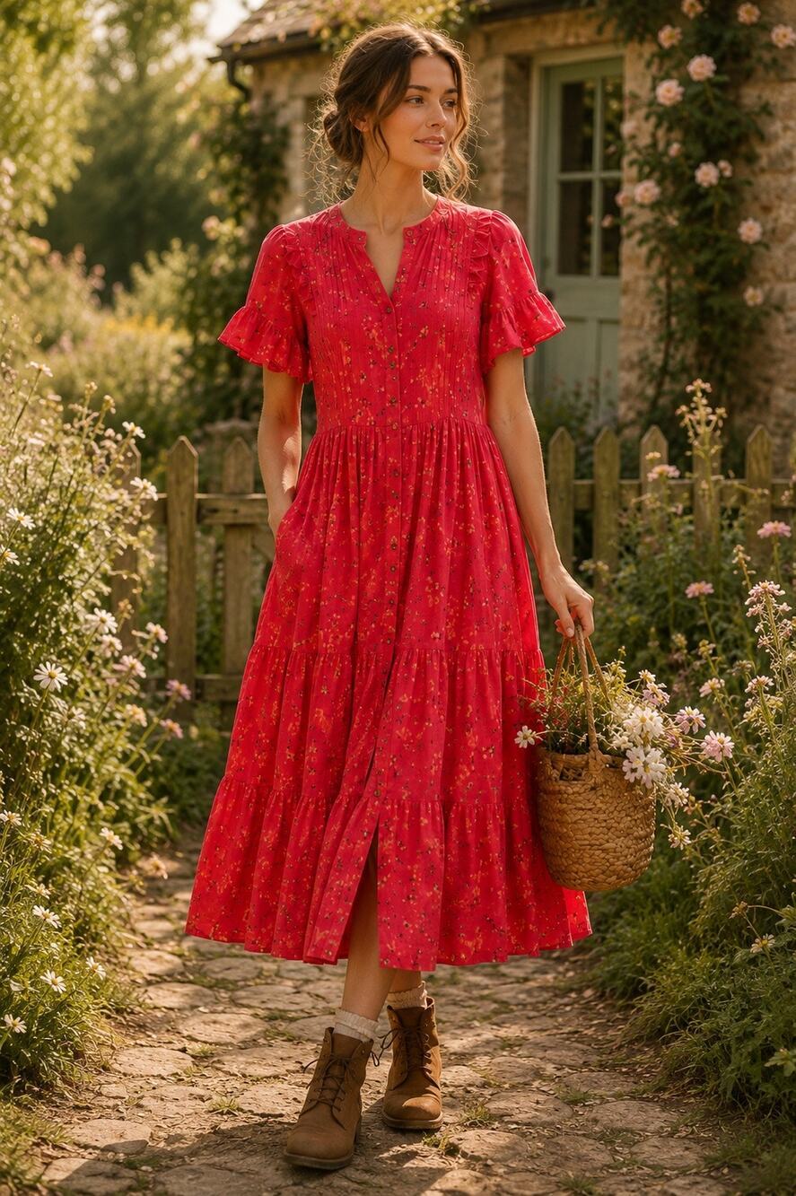 Free People Floral Cotton Midi Dress S Cottagecore Boho Prairie Pockets Pink Red